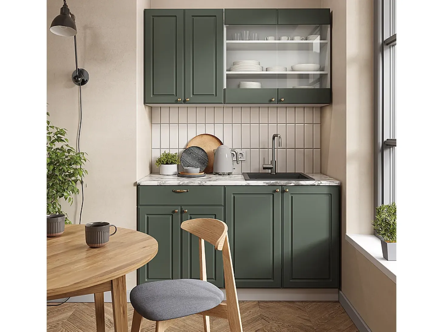 Cocina para solteros verde-dorado casa de campo/blanco 140x60x81.6 fame-line