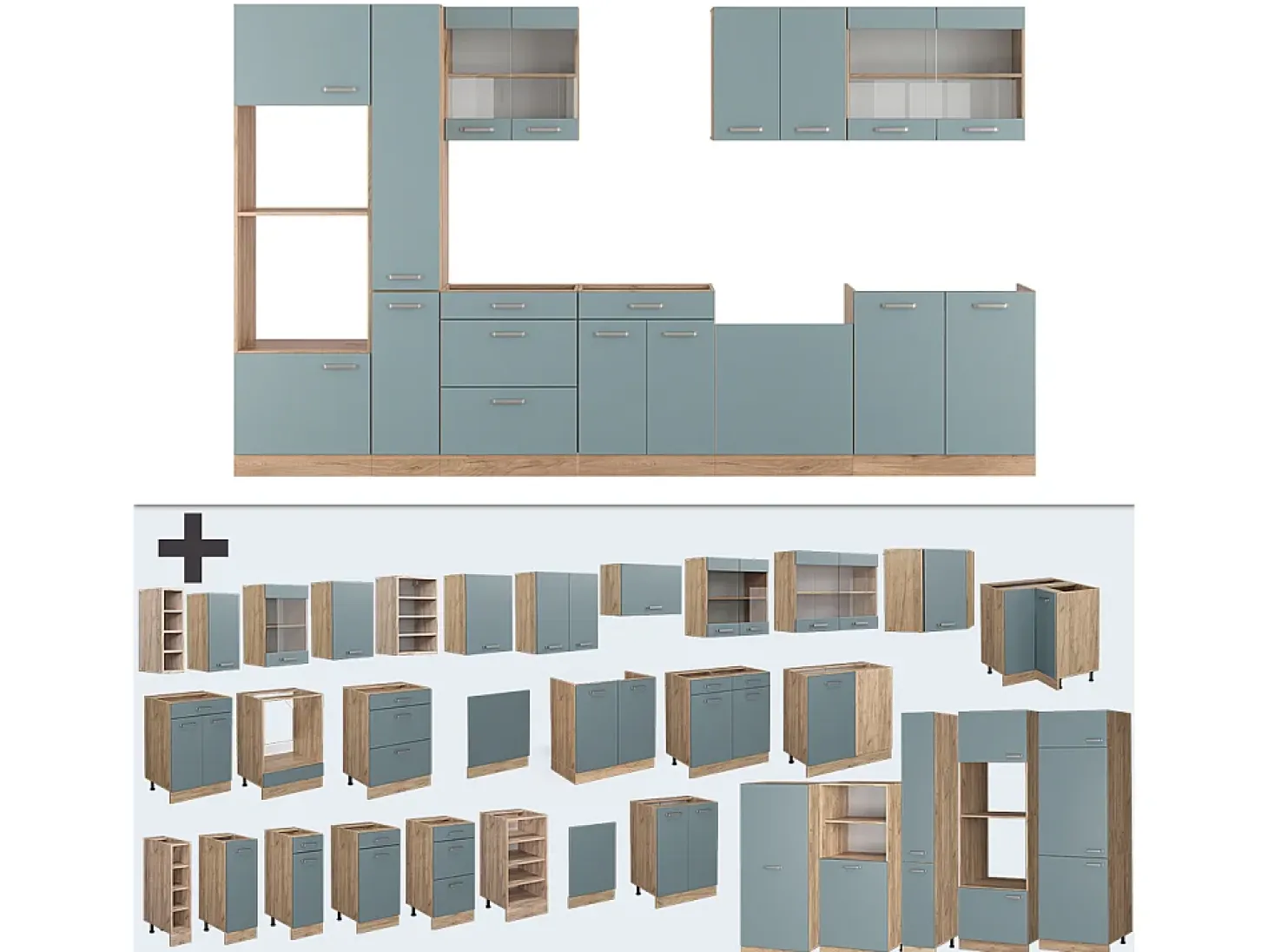 Cocina roble azul-gris-dorado 350x60x81.6 r-line