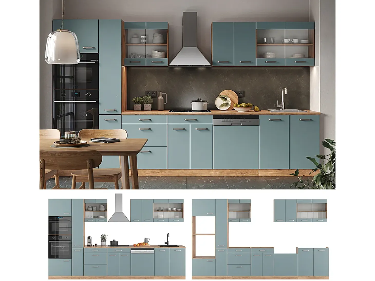 Cocina roble azul-gris-dorado 350x60x81.6 r-line