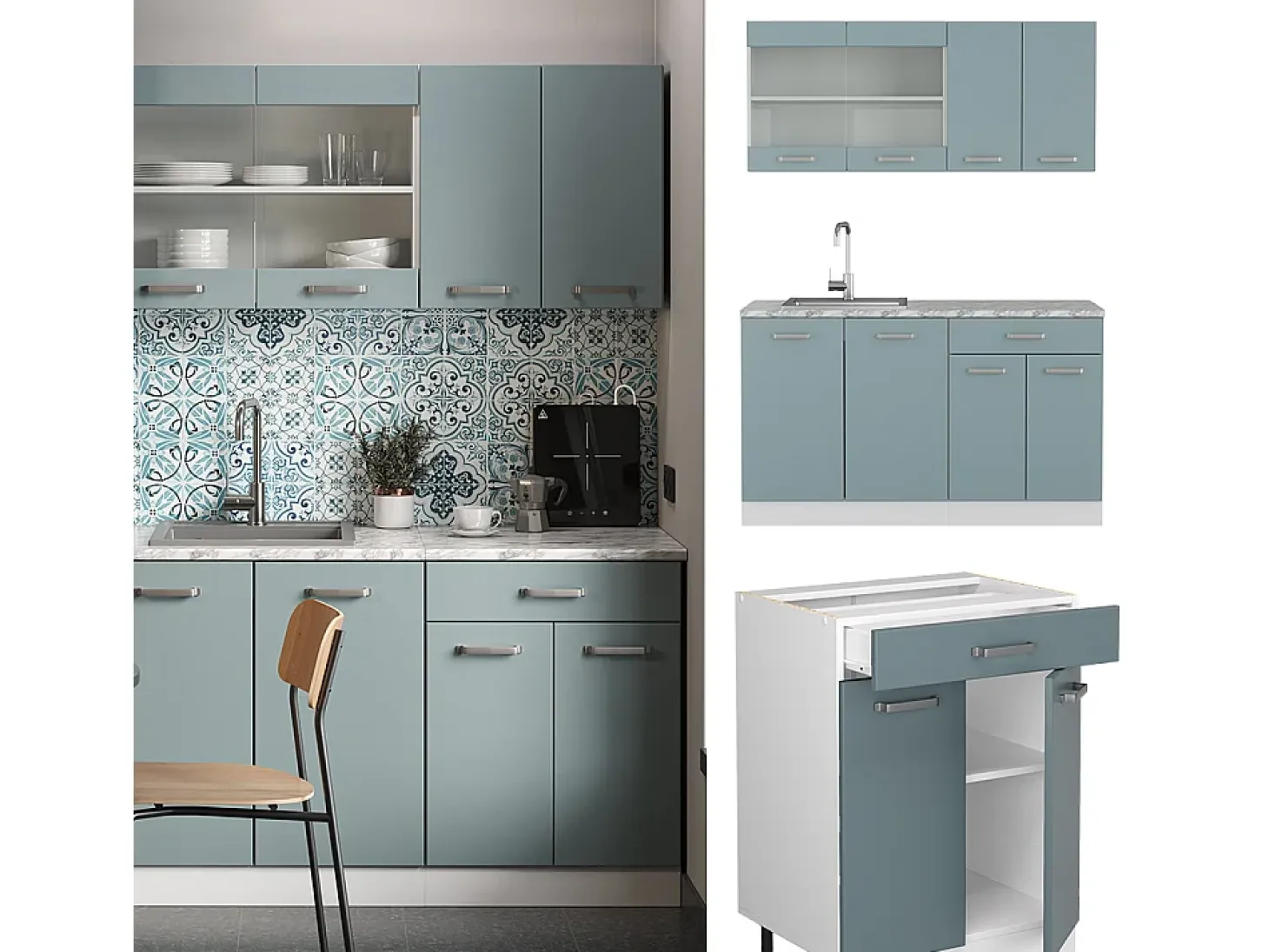 Cocina versátil azul-gris-blanco 140x60x81.6 r-line