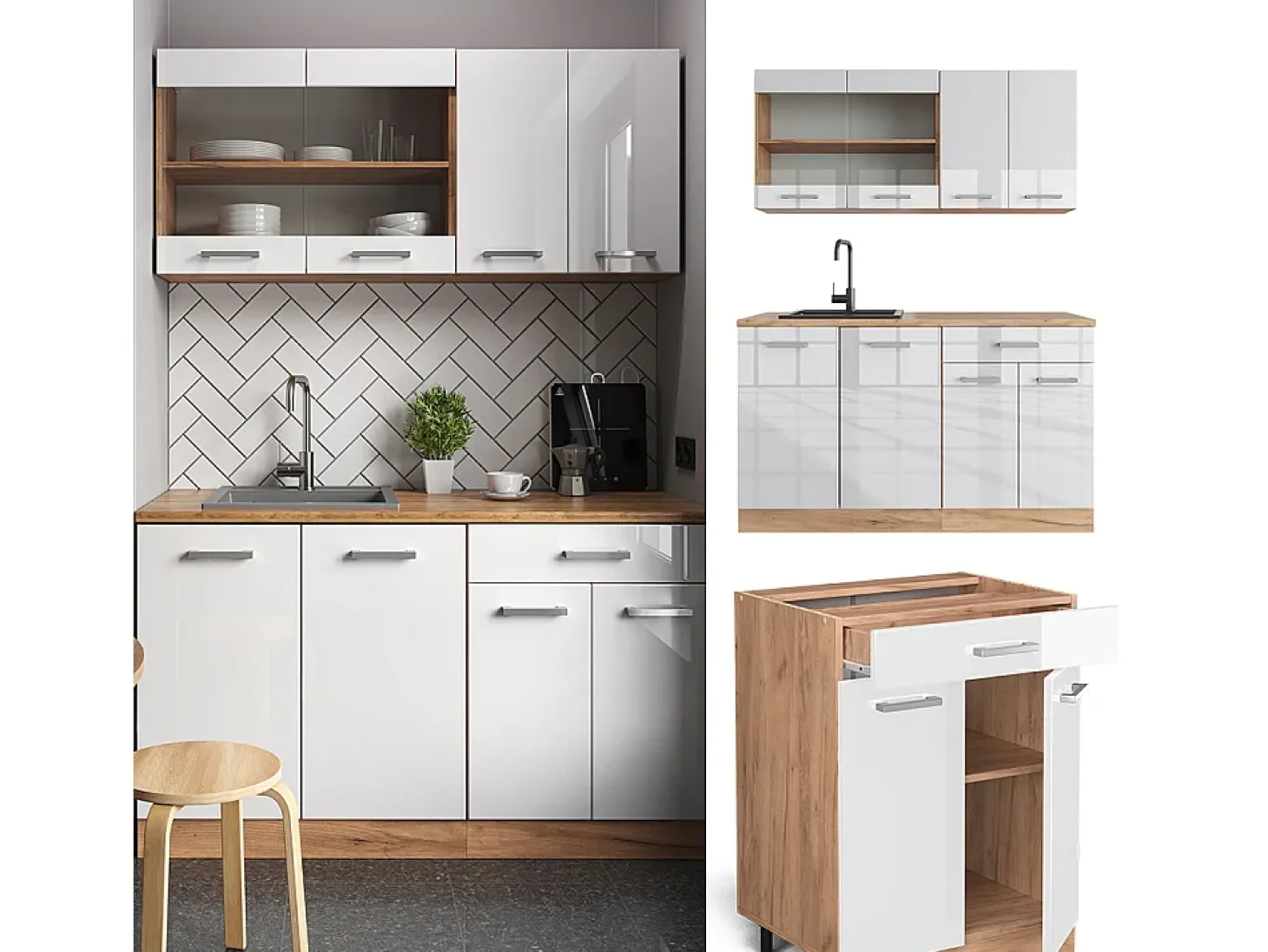 Cocina versátil blanco brillo intenso/roble dorado 140x60x81.6 r-line