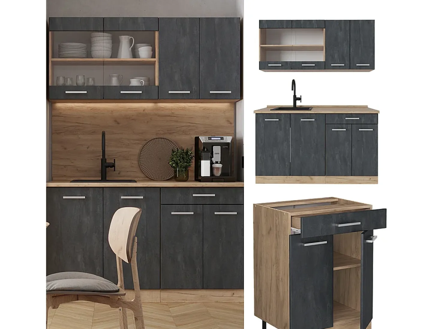 Cocina versátil hormigón negro/roble dorado 140x46x81.6 r-line
