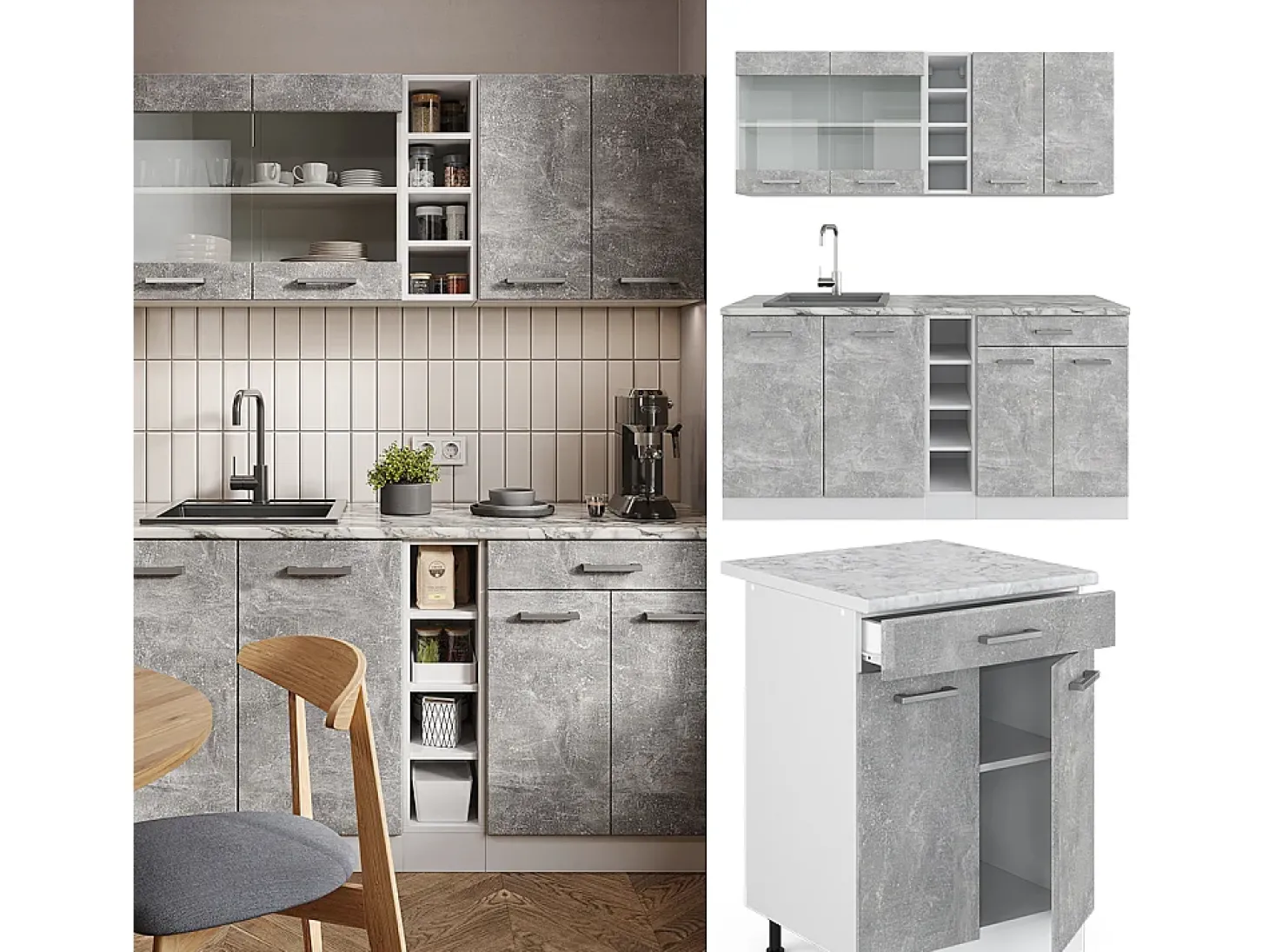 Cocina versátil hormigón/blanco 160x60x81.6 r-line