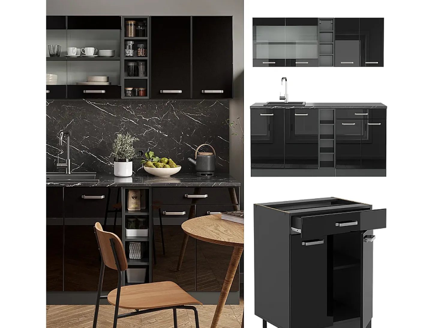 Cocina versátil negro/antracita de alto brillo 160x60x81.6 r-line