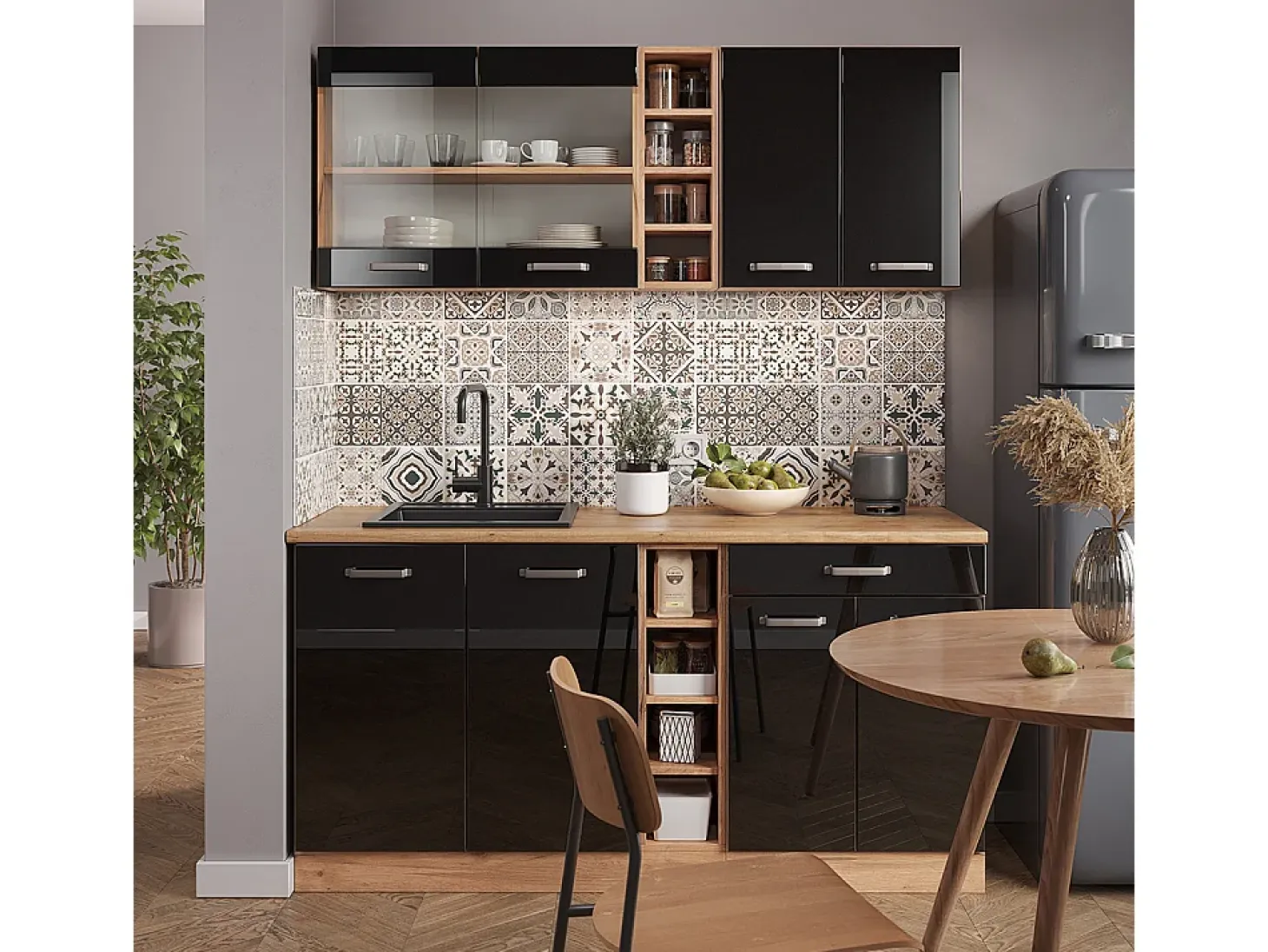 Cocina versátil roble negro/dorado de alto brillo 160x60x81.6 r-line