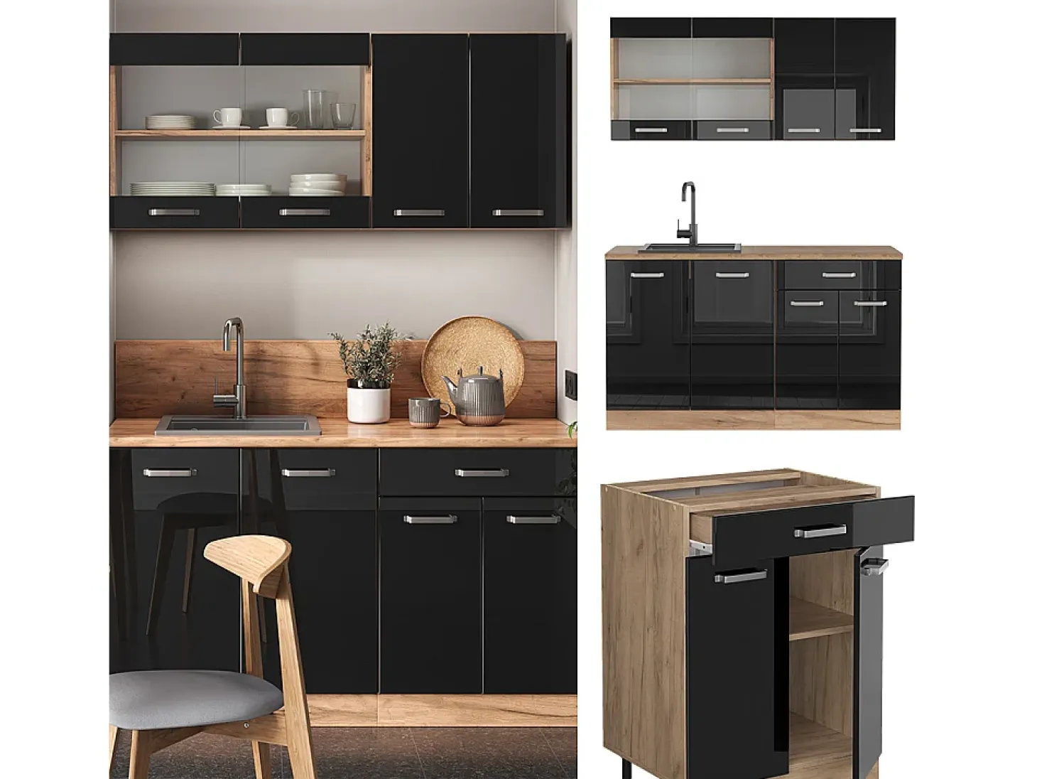 Cocina versátil roble negro/dorado de alto brillo 140x60x81.6 r-line