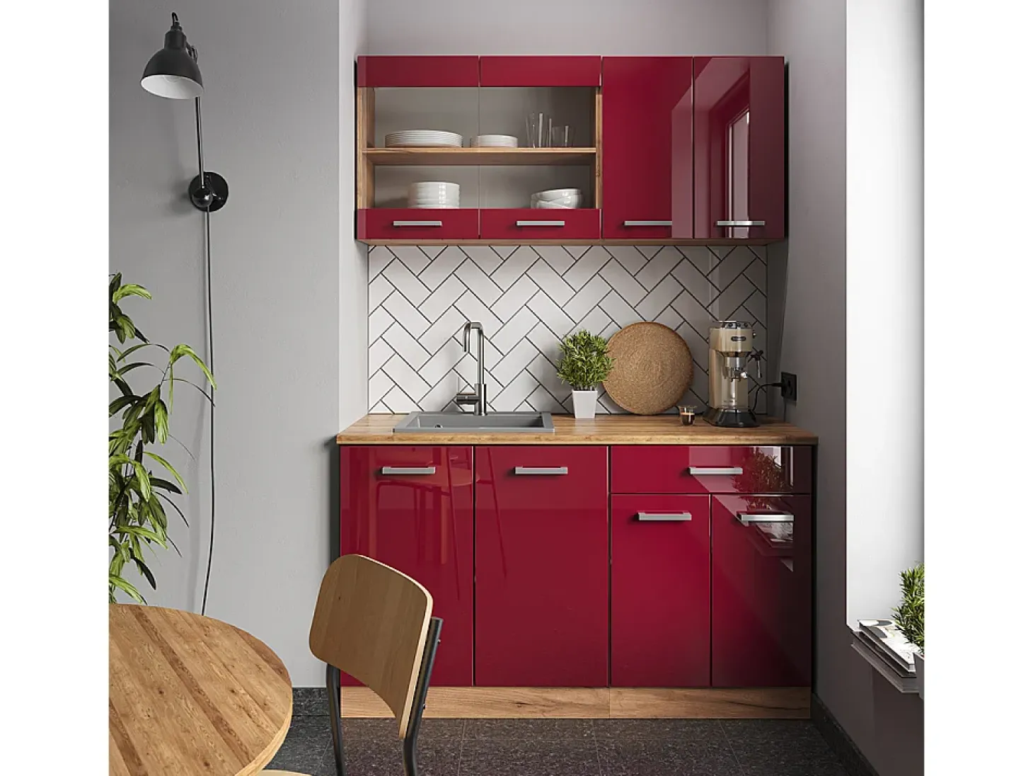 Cocina versátil rojo brillo intenso/roble dorado 140x60x81.6 r-line
