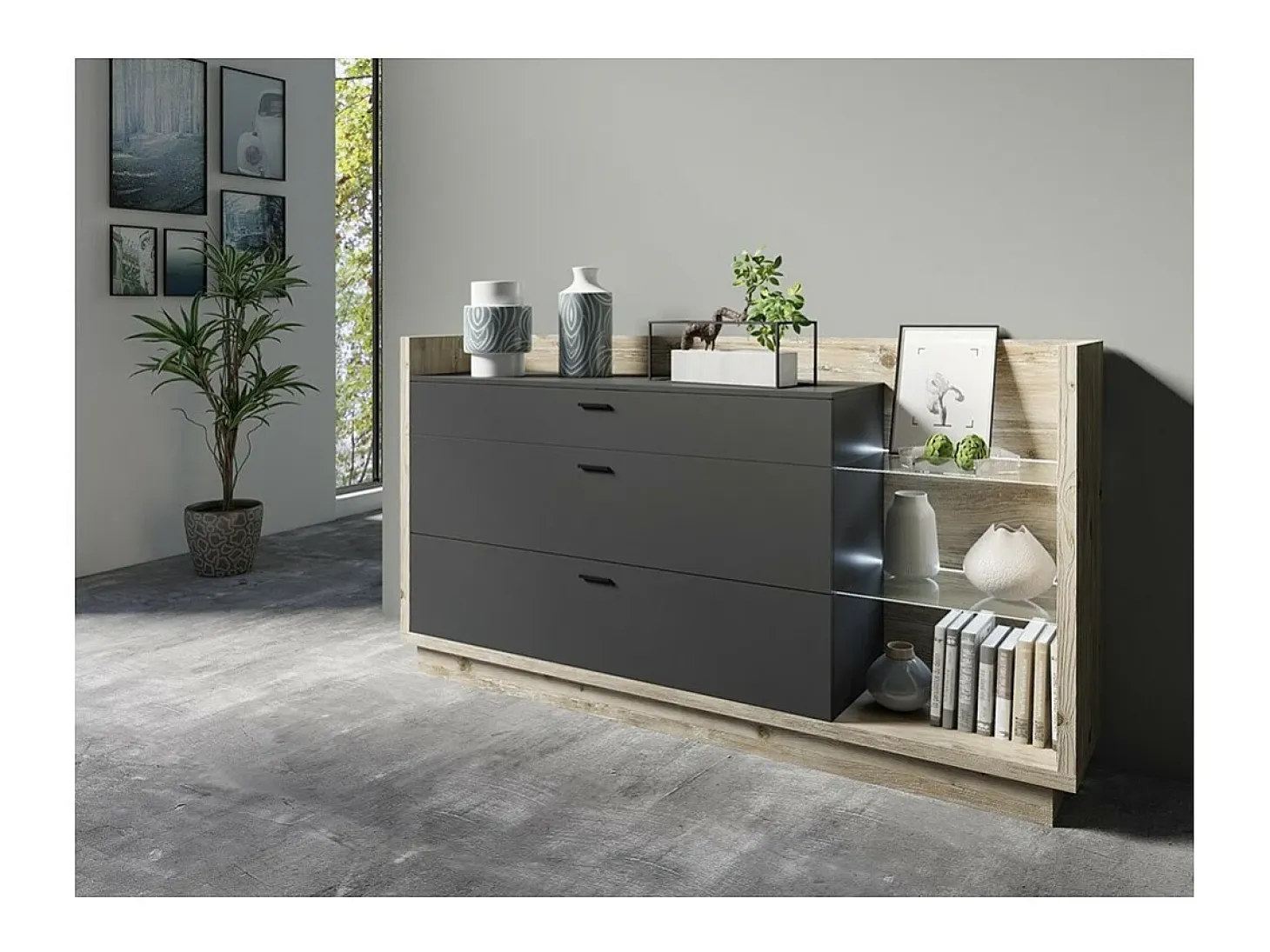 Colección de bufé CORK con LED 200 cm - 3 cajones, 3 estanterías, color de pino - Dimensiones 200 x 108 x 42 cm