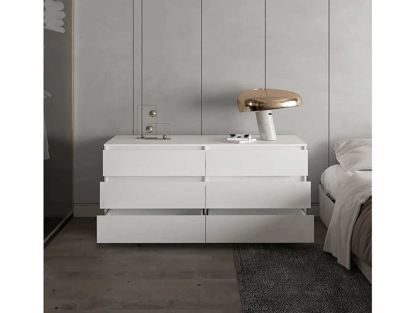 Comoda Asteria doble en melamina, seis cajones con rieles metalicos , 69.97 cm X 153.5 cm X 50 cm , Blanco