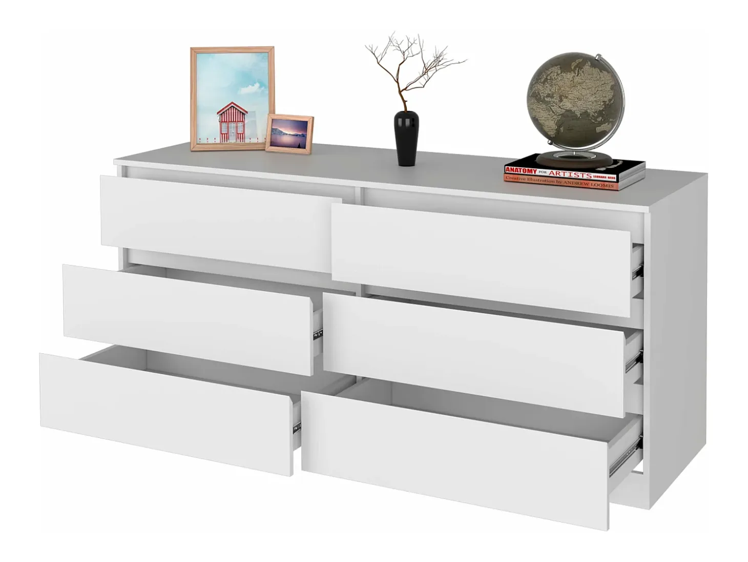 Comoda Asteria doble en melamina, seis cajones con rieles metalicos , 69.97 cm X 153.5 cm X 50 cm , Blanco