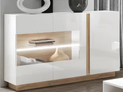 Conjunto aparador y mueble TV blanco brillante y natural - Comedor luminoso MURARI
