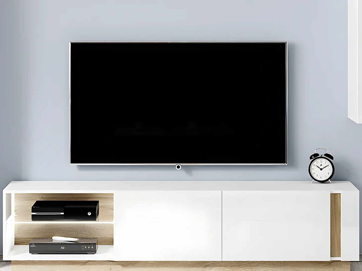 Conjunto aparador y mueble TV blanco brillante y natural - Comedor luminoso MURARI