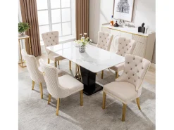 Conjunto de 6 sillas acolchadas - 51 x 65,5 x 95 cm - patas de acero inoxidable bañadas en oro - en terciopelo - beige