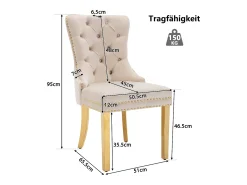 Conjunto de 6 sillas acolchadas - 51 x 65,5 x 95 cm - patas de acero inoxidable bañadas en oro - en terciopelo - beige
