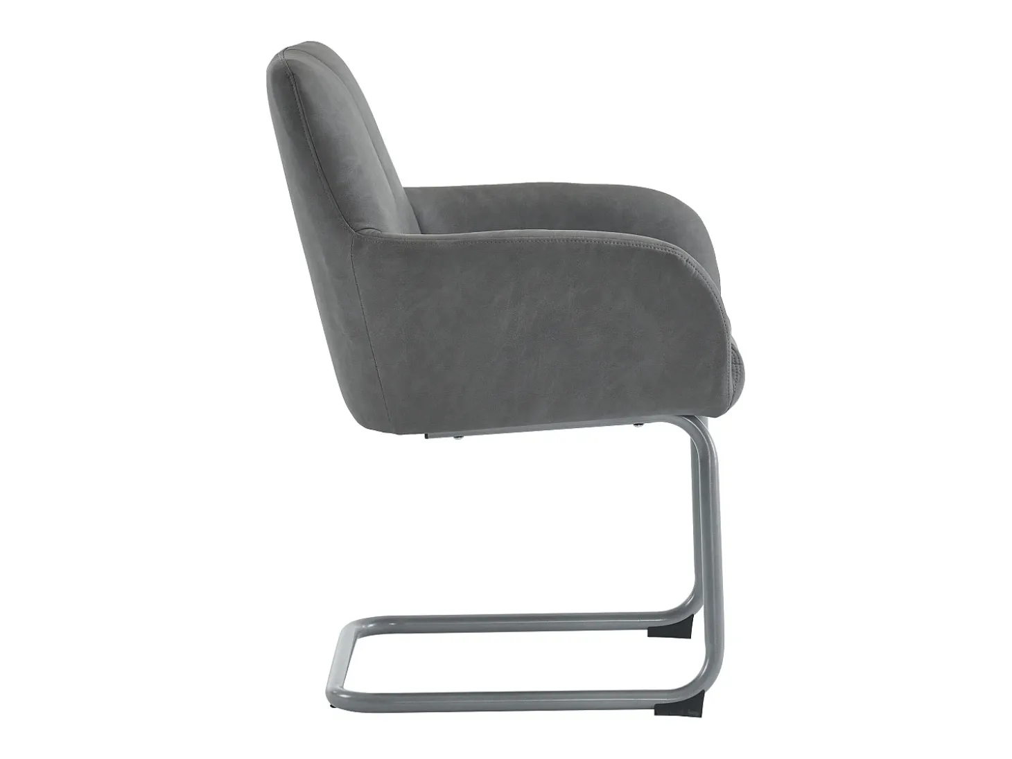 Conjunto de 2 sillas cantilever con reposabrazos, tapizado en símil piel gris, patas de metal color plata.
