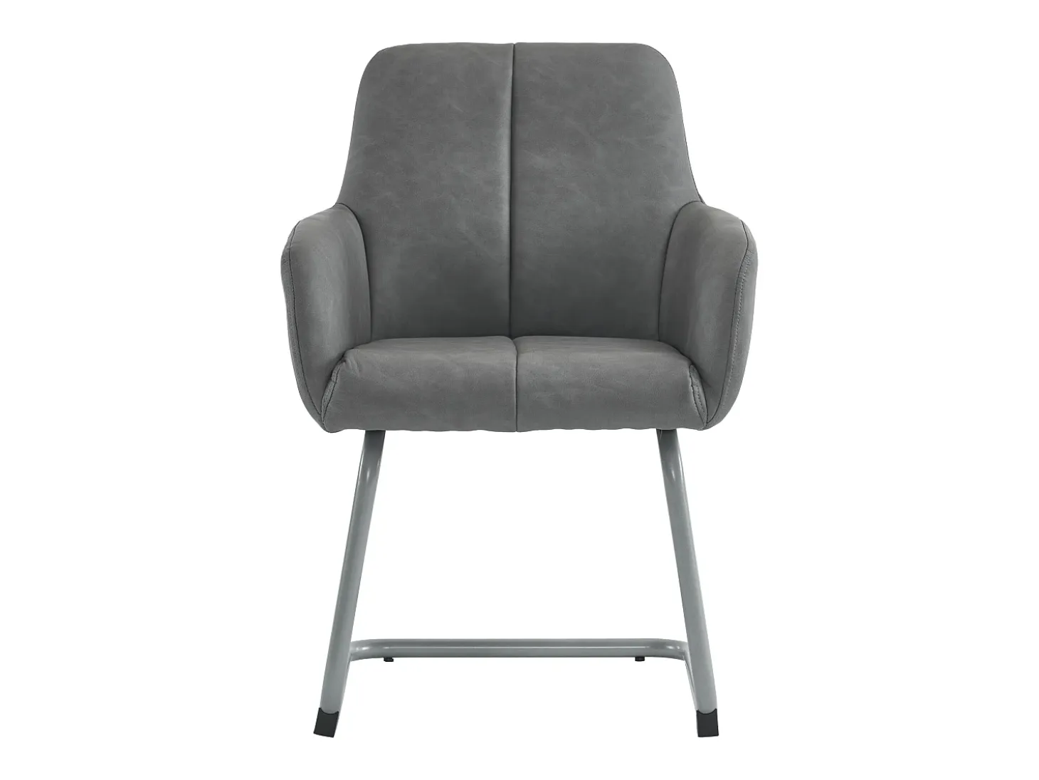 Conjunto de 2 sillas cantilever con reposabrazos, tapizado en símil piel gris, patas de metal color plata.