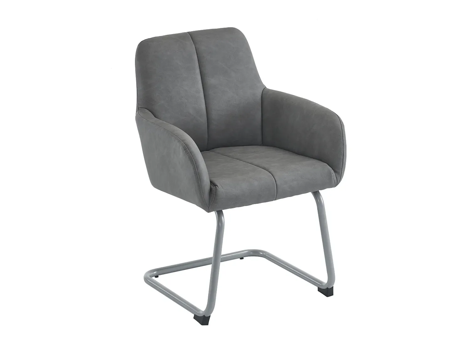 Conjunto de 2 sillas cantilever con reposabrazos, tapizado en símil piel gris, patas de metal color plata.