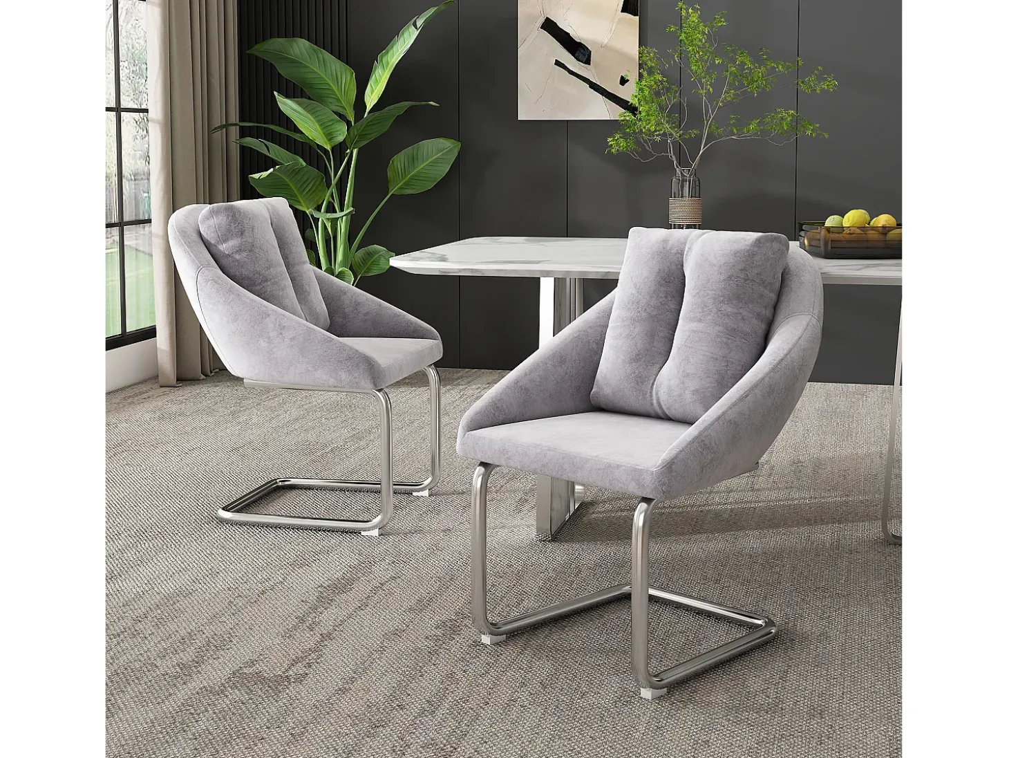 Conjunto de 6 sillas con cojines - Patas metálicas curvadas - Terciopelo gris
