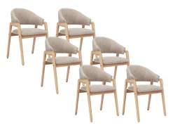 Conjunto de 6 sillas con reposabrazos en tejido bouclé y madera de caucho - Taupe y natural - SOLUNA