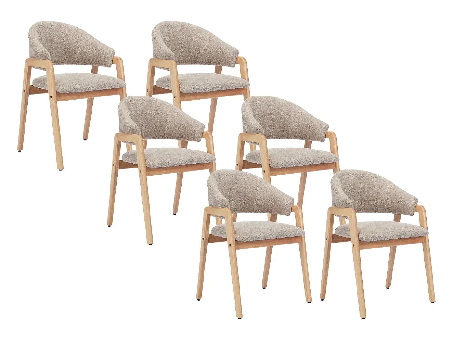 Conjunto de 6 sillas con reposabrazos en tejido bouclé y madera de caucho - Taupe y natural - SOLUNA
