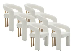 Conjunto de 6 sillas con reposabrazos de tela bouclé y madera de hevea - Blanco - NORETI