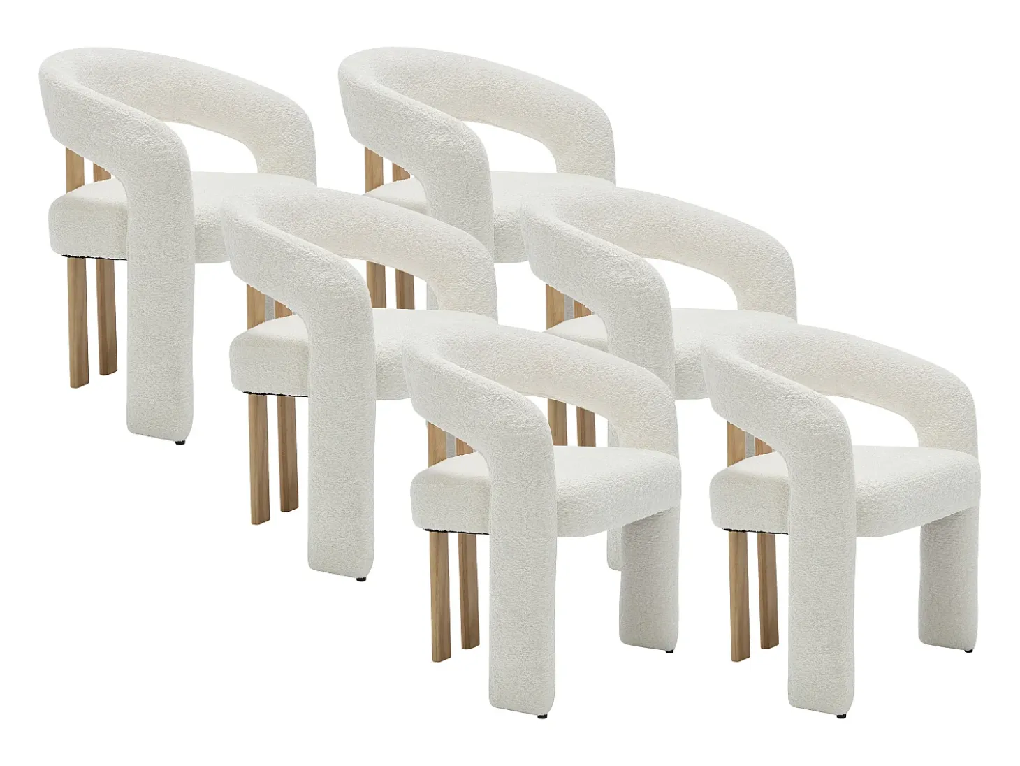 Conjunto de 6 sillas con reposabrazos de tela bouclé y madera de hevea - Blanco - NORETI