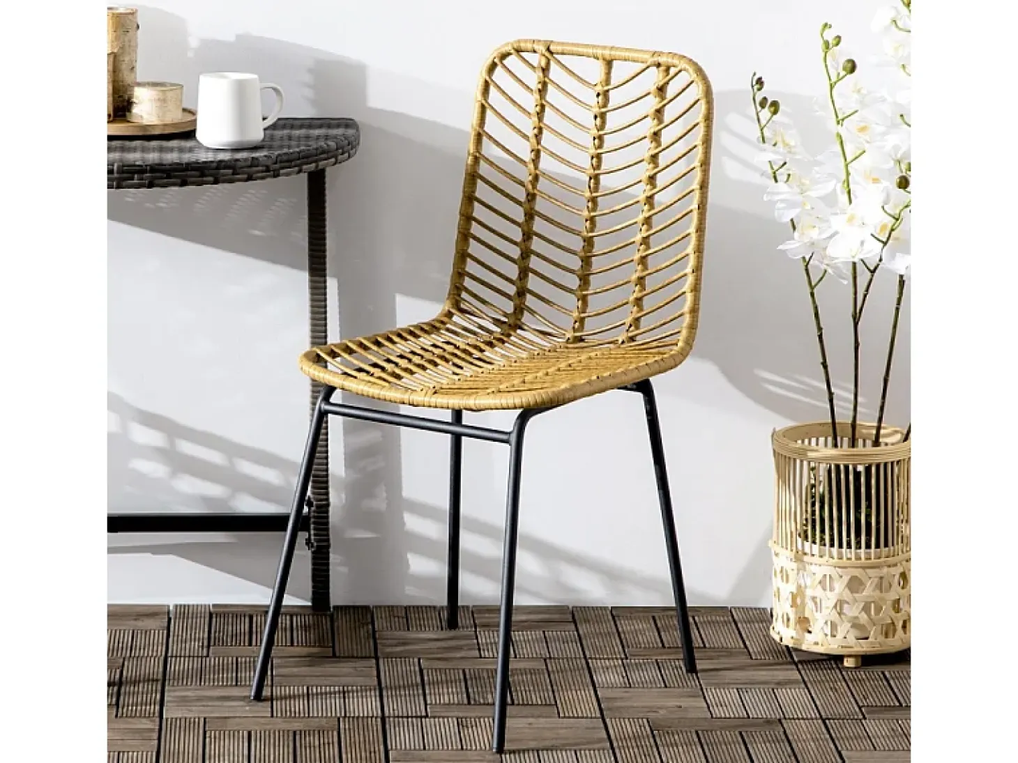 Conjunto de 2 sillas de comedor con respaldo de ratán, acero, amarillo, (44x58x85 cm)