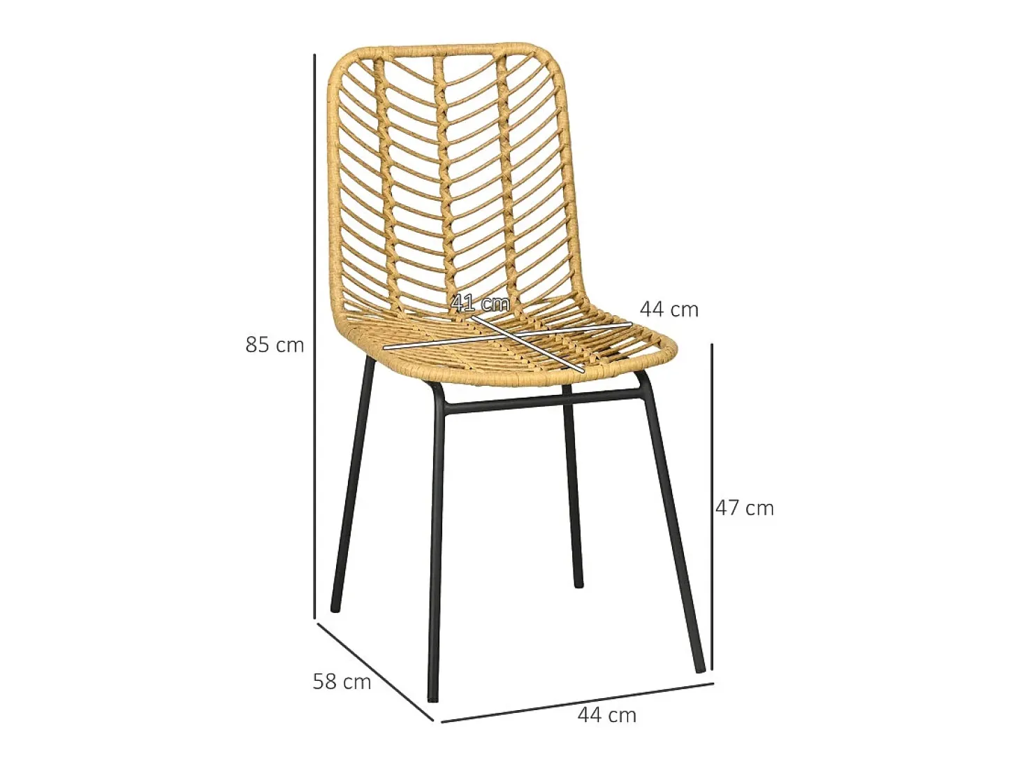 Conjunto de 2 sillas de comedor con respaldo de ratán, acero, amarillo, (44x58x85 cm)