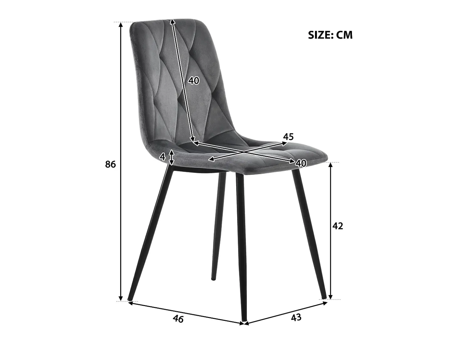 Conjunto de 4 sillas de comedor en terciopelo gris oscuro con respaldo acolchado y patas de metal negro