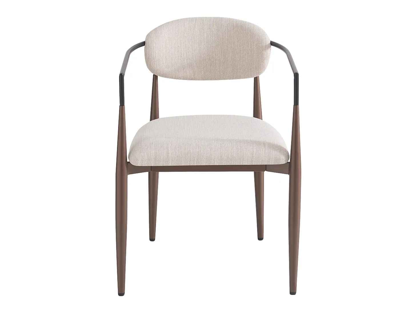 Conjunto de 6 sillas de lino beige con estructura de metal marrón.