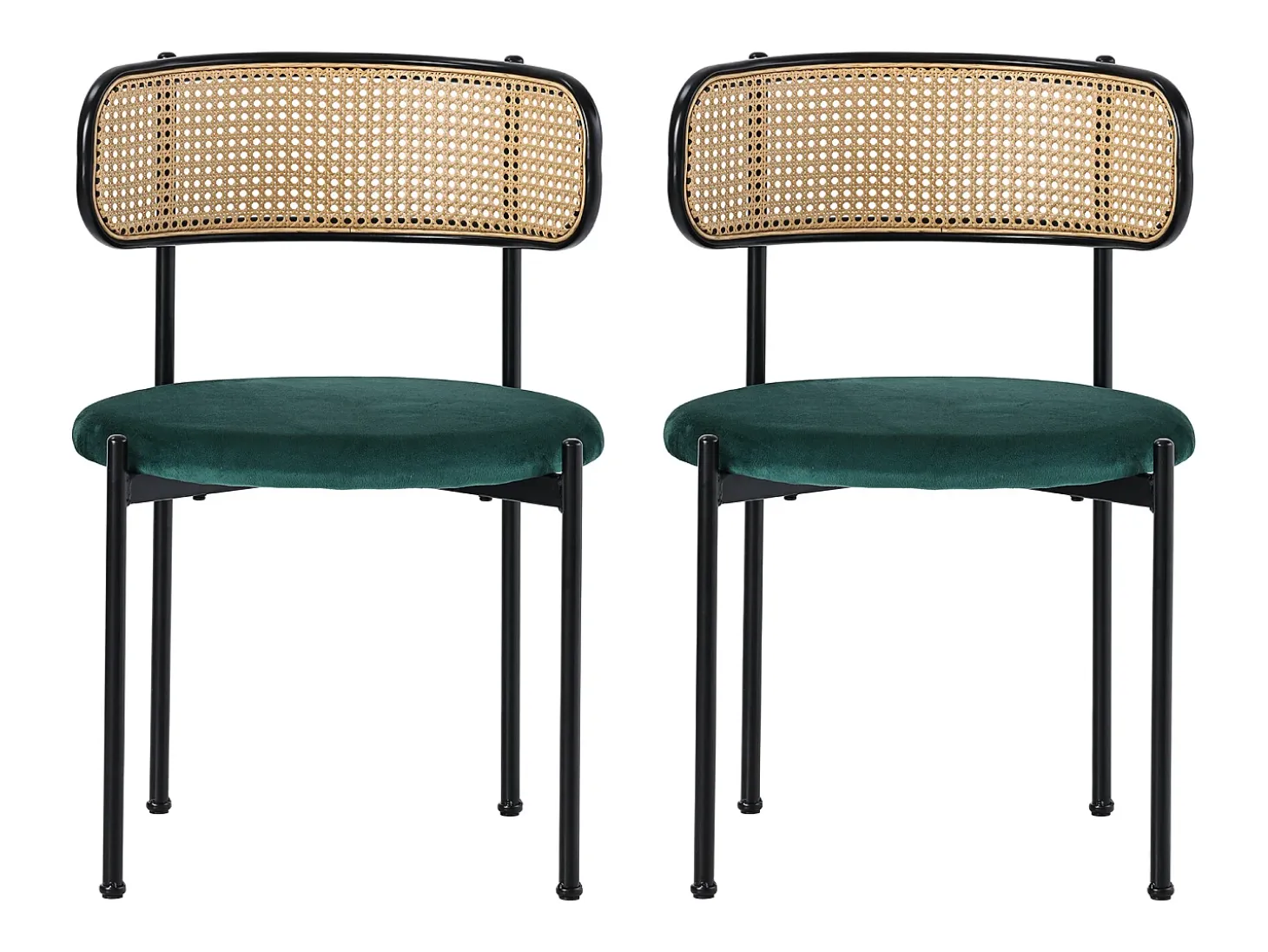 Conjunto de 2 sillas de terciopelo, respaldo de ratán y patas de metal negro - verde