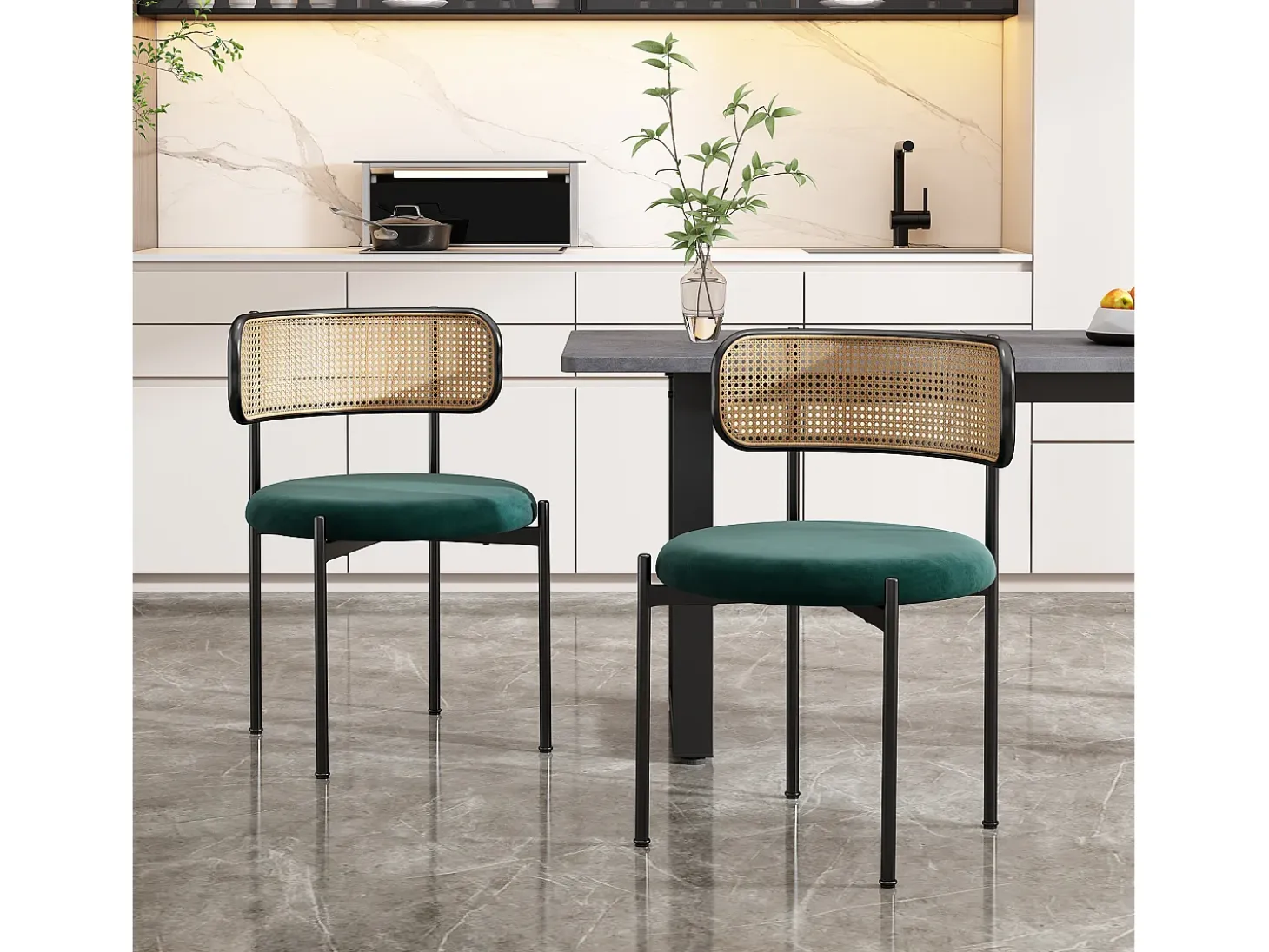 Conjunto de 2 sillas de terciopelo, respaldo de ratán y patas de metal negro - verde
