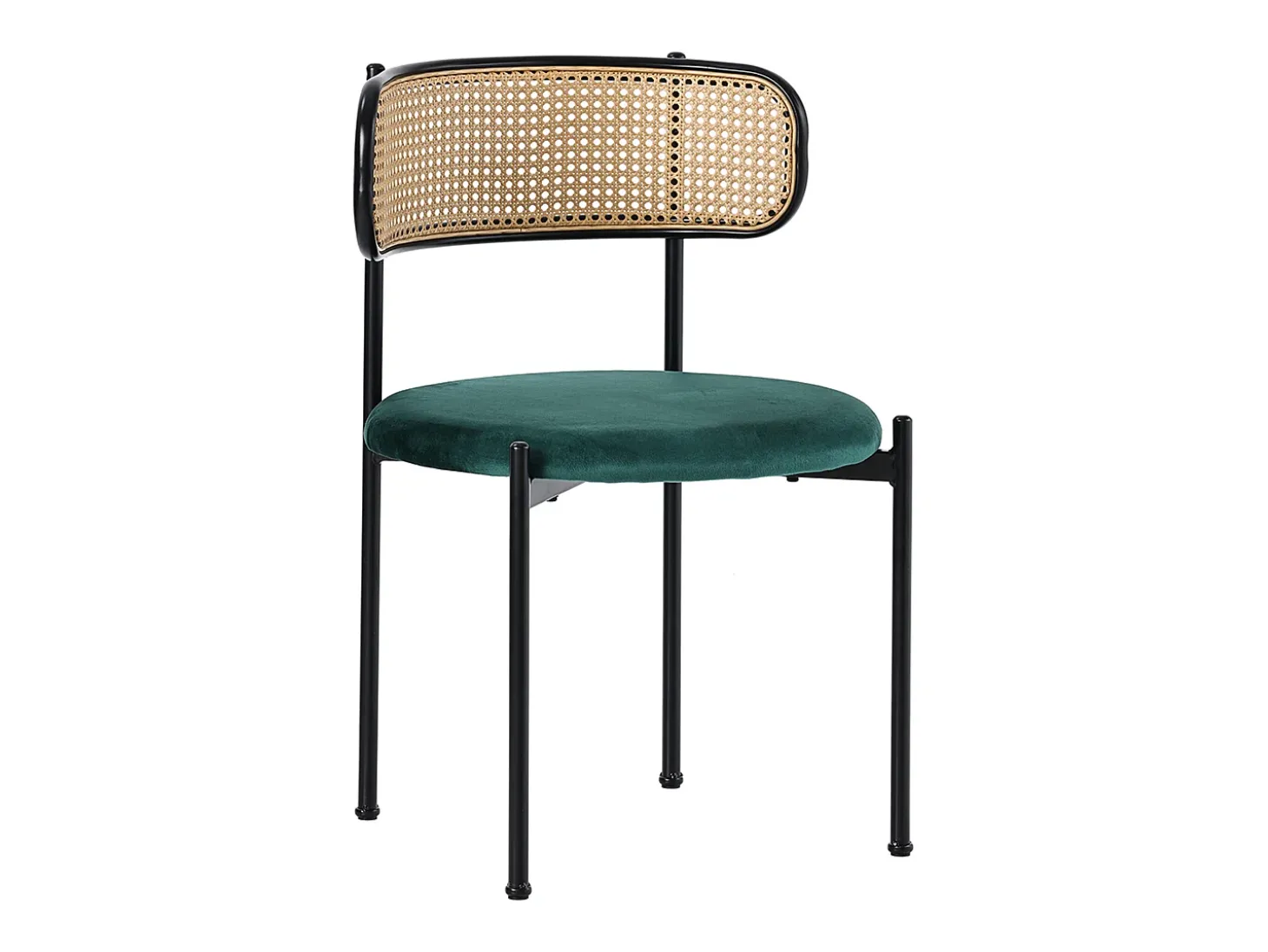 Conjunto de 2 sillas de terciopelo, respaldo de ratán y patas de metal negro - verde
