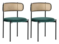 Conjunto de 2 sillas de terciopelo, respaldo de ratán y patas de metal negro - verde