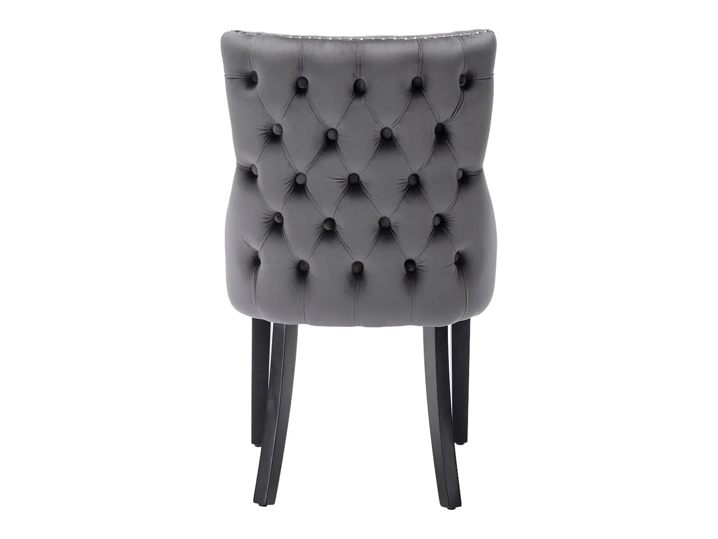 Conjunto de 6 sillas de terciopelo gris con patas de madera gris, botones decorativos y remaches plateados.