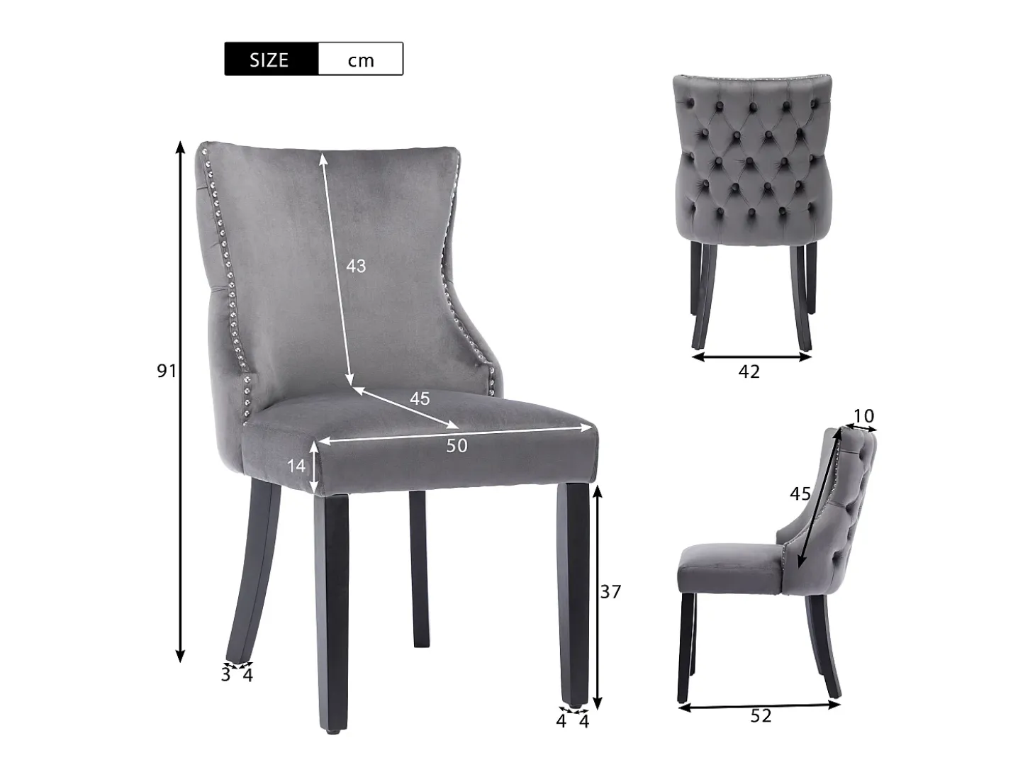 Conjunto de 6 sillas de terciopelo gris con patas de madera gris, botones decorativos y remaches plateados.