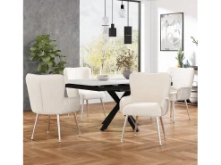 Conjunto de 6 sillas de terciopelo - 83 x 53 x 57 cm - Cuatro patas de metal plateado - con reposabrazos y pies ajustables - Beige