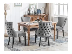 Conjunto de 4 sillas de terciopelo gris - Silla de 4 patas con costura de botones estructura de madera maciza para comedor - 91x50x49cm
