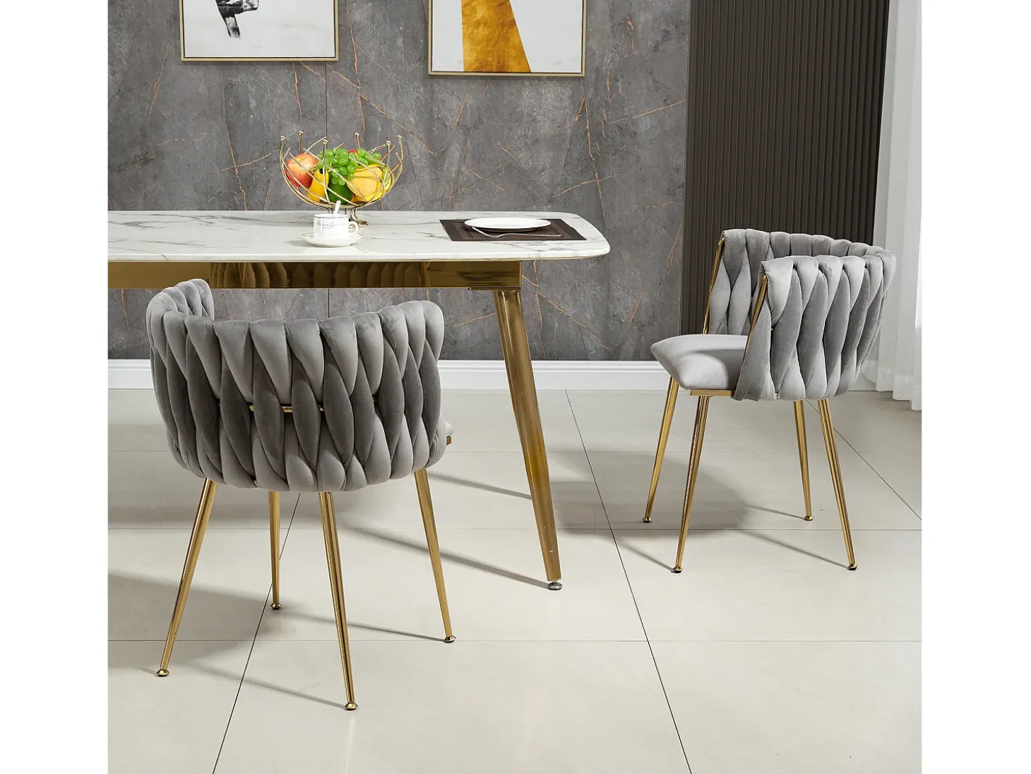 Conjunto de 2 sillas de terciopelo y metal dorado - Gris