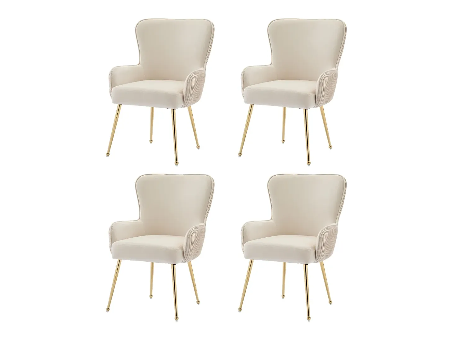 Conjunto de 4 sillas de terciopelo - 83 x 53 x 57 cm - cuatro patas de metal dorado - con reposabrazos y pies ajustables - beige