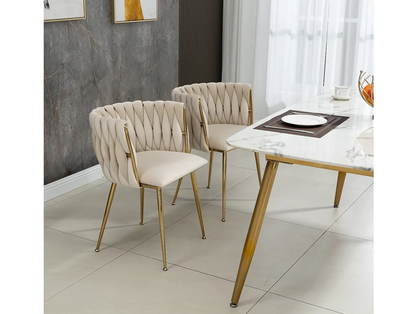 Conjunto de 2 sillas de terciopelo y metal dorado - Marfil