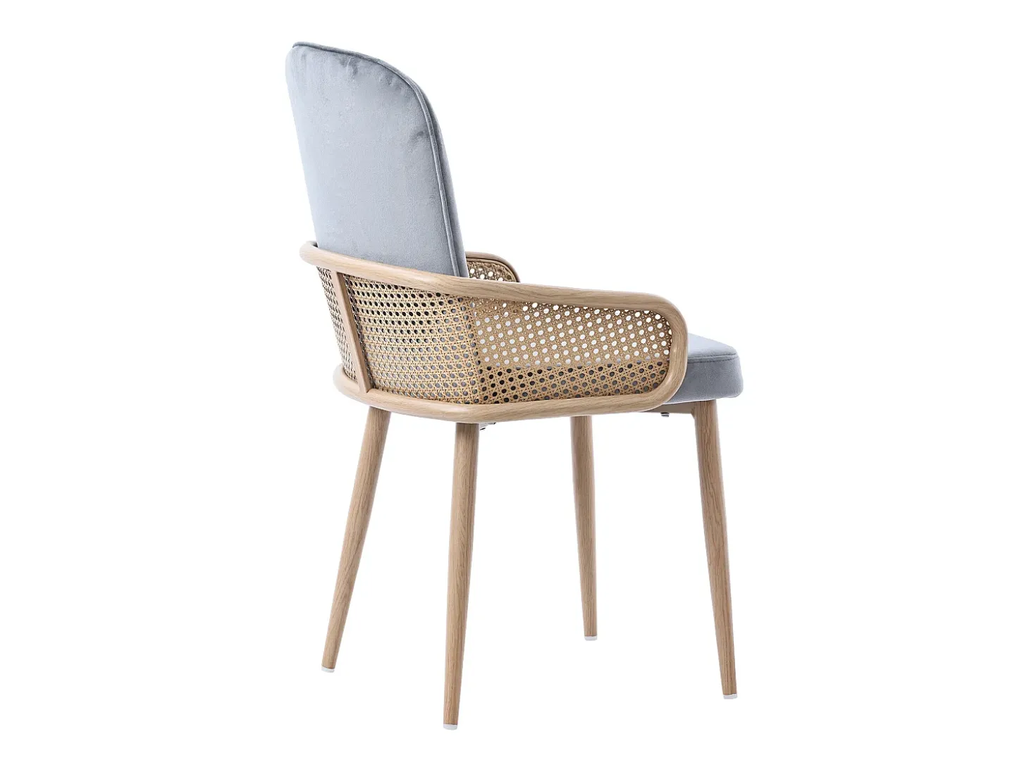 Conjunto de 6 sillas de terciopelo con patas de metal - Diseño de ratán - Gris y madera clara