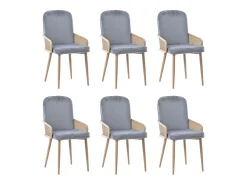 Conjunto de 6 sillas de terciopelo con patas de metal - Diseño de ratán - Gris y madera clara