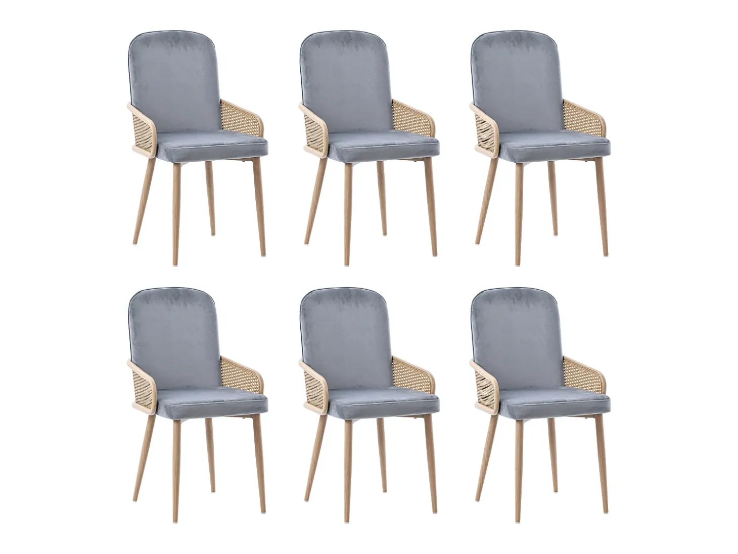 Conjunto de 6 sillas de terciopelo con patas de metal - Diseño de ratán - Gris y madera clara
