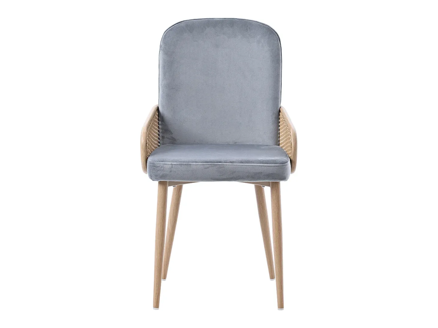 Conjunto de 6 sillas de terciopelo con patas de metal - Diseño de ratán - Gris y madera clara