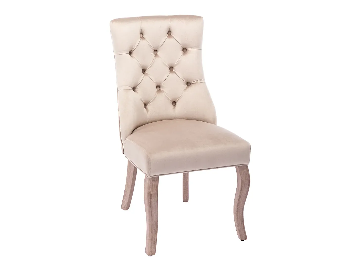Conjunto de 6 sillas de terciopelo beige con patas de madera curvadas y botones decorativos.