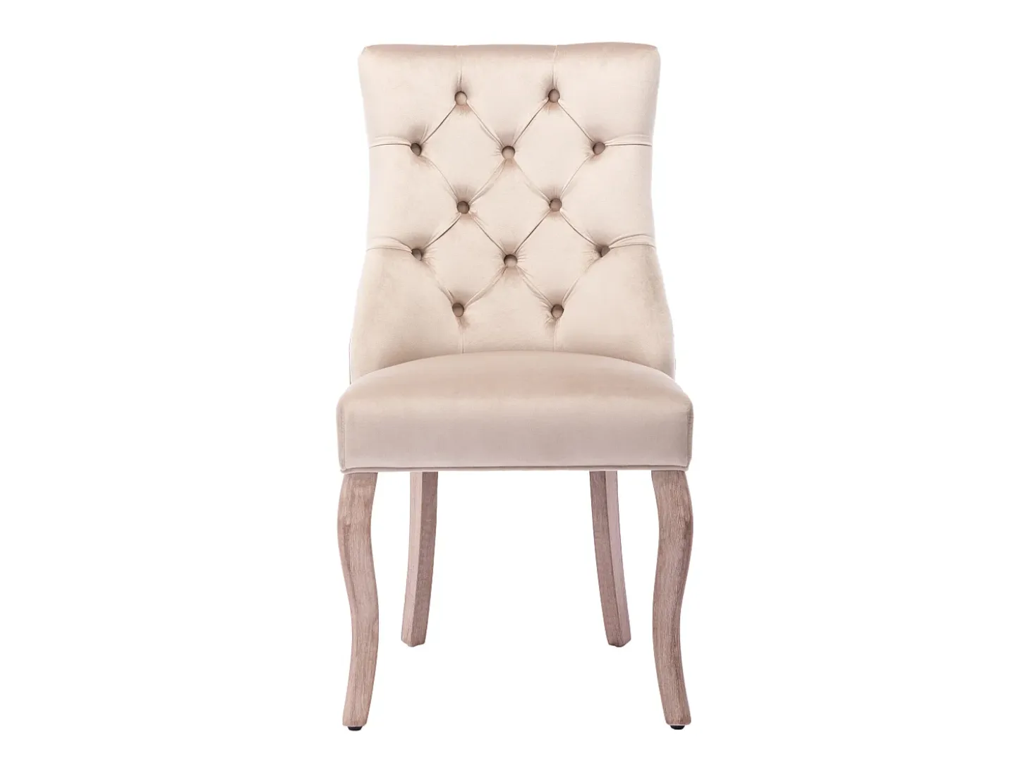 Conjunto de 6 sillas de terciopelo beige con patas de madera curvadas y botones decorativos.