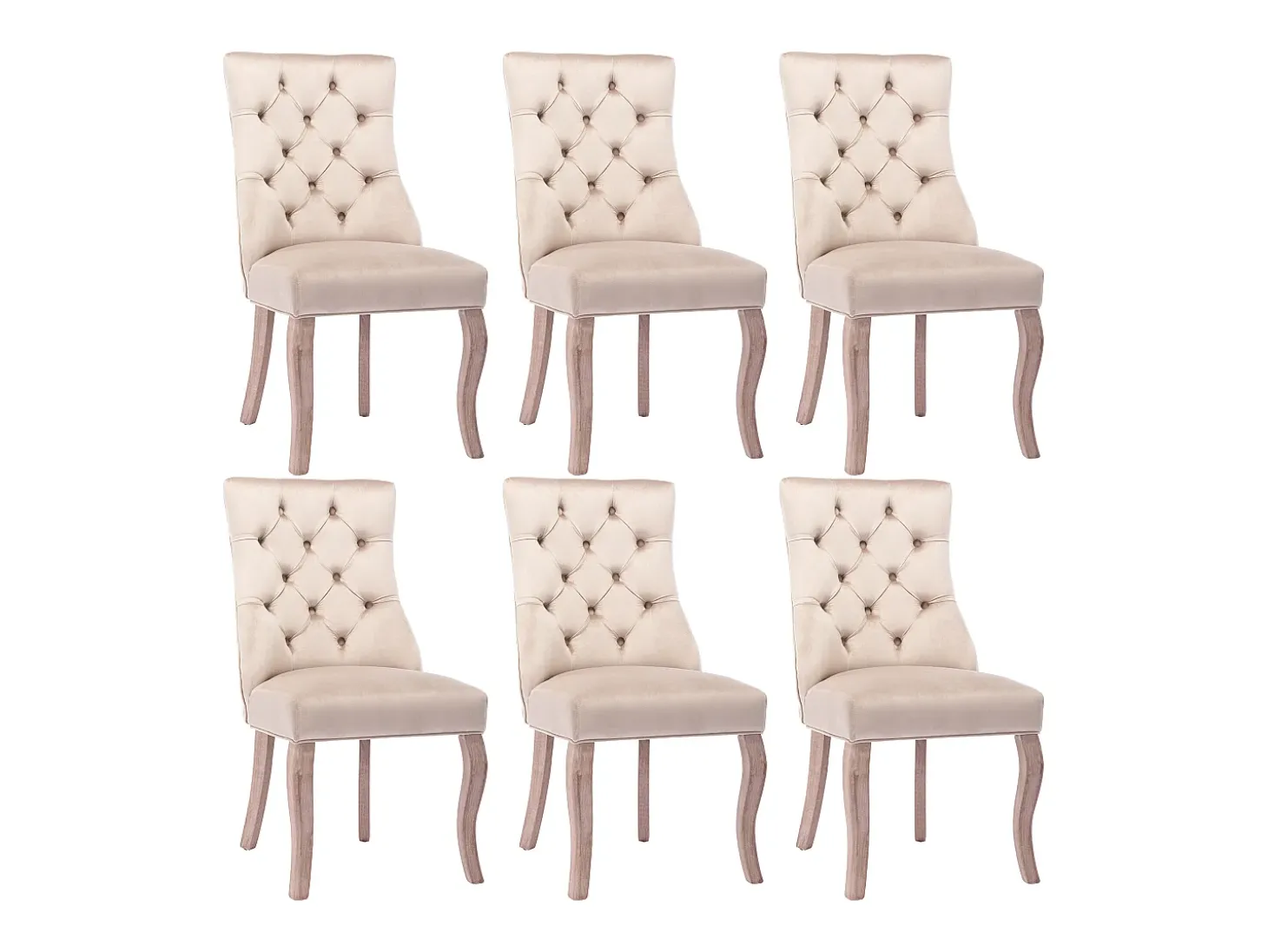 Conjunto de 6 sillas de terciopelo beige con patas de madera curvadas y botones decorativos.