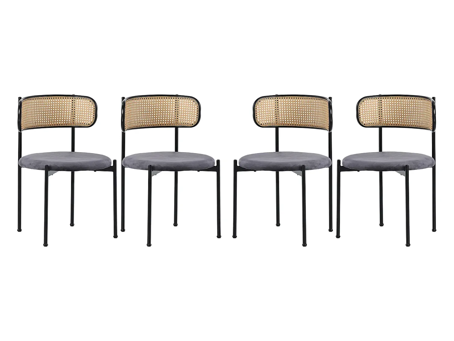 Conjunto de 4 sillas de terciopelo con respaldo de ratán y patas de metal negro - gris