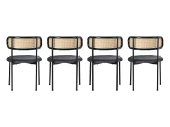 Conjunto de 4 sillas de terciopelo con respaldo de ratán y patas de metal negro - gris